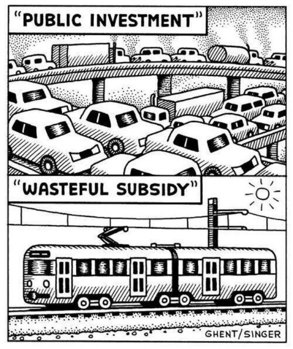 "Public investment" vs "Wasteful Subsidy." The only problem with this clever classic Singer cartoon is that some people might not get that it’s illustrating the perception problem, NOT telling the truth.

Just in case it actually needs to be said, the truth is the opposite.