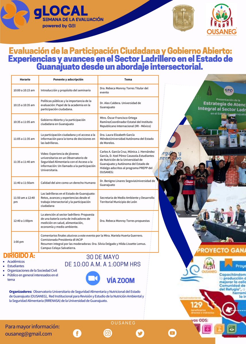 rmonroy79's tweet photo. Panel, "Evaluación de la Participación Ciudadana y Gobierno Abierto: Experiencias y avances en el Sector Ladrillero en el Estado de Guanajuato desde un abordaje intersectorial". Semana de la Evaluación gLocal. 30 de mayo, link de inscripción:
https://t.co/baBoO6pPmv

#OUSANEG https://t.co/UpfoiezbKk