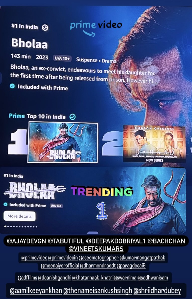 #bholaa Trending #1  #BholaaOnPrime 
#AjayDevgn
@PrimeVideoIN