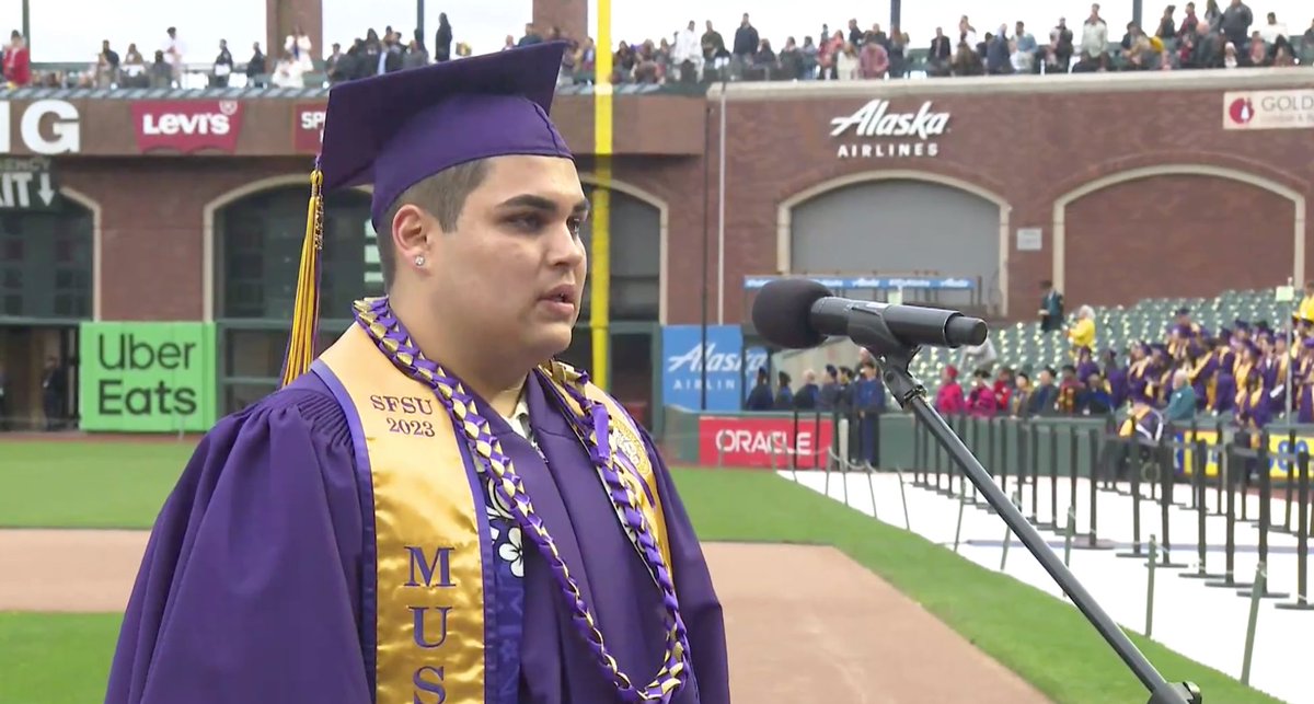 Tonight’s National Anthem is performed by Iese Esera, himself a member of the Class of 2023 and Associated Students’ chief of staff! He has earned a B.A. <a href="/SFStateMusic/">SFSU School of Music</a>. #SFSU2023 💜💛