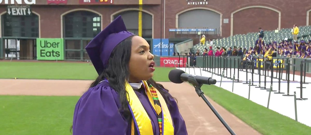 We will now be treated to a special performance of “Lift Every Voice and Sing” by Cierra N. Gooden, who is earning her Master of Music degree tonight. #SFSU2023 🎓💜💛 <a href="/sfstatemusic/">SFSU School of Music</a>