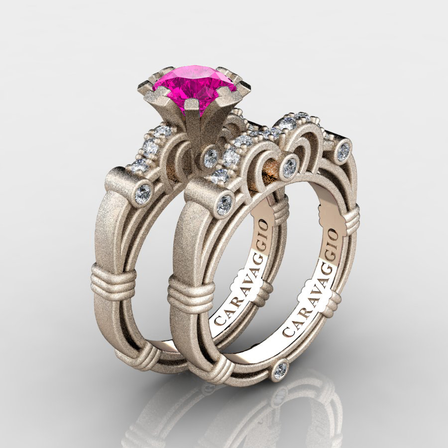 Exquisite 💎 caravaggiojewelry.com/?p=429887 Art Masters Caravaggio 14K Matte #Rose Gold 1.0 Ct Pink #Sapphire #Diamond Engagement Ring Wedding Band Set R623S-14KMRGDPS at Caravaggio™ Jewelry