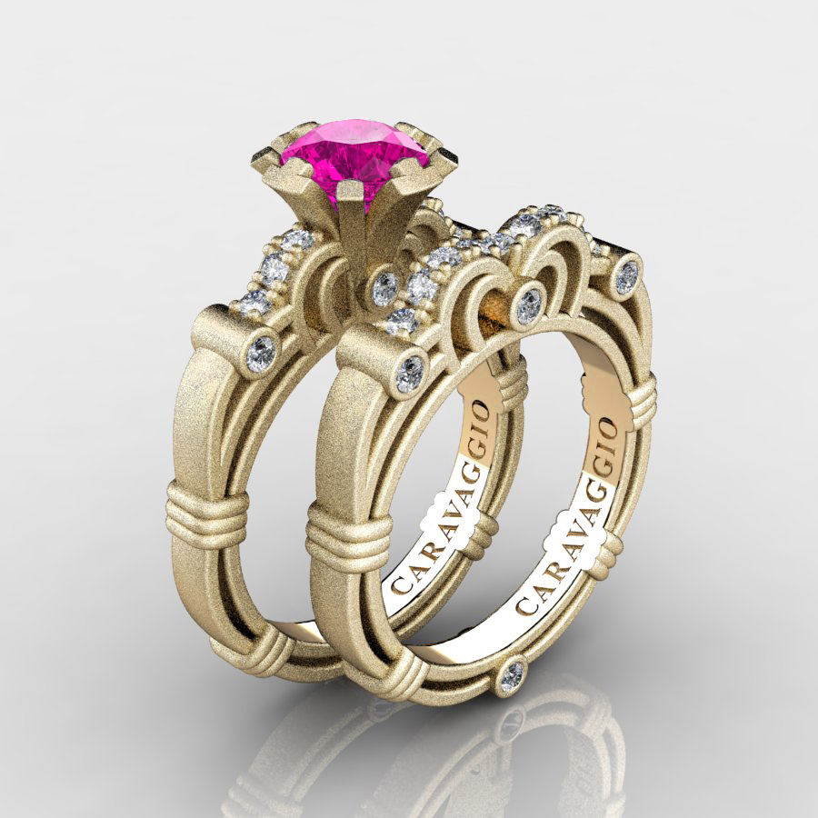 Exquisite 💎 caravaggiojewelry.com/?p=429810 Art Masters Caravaggio 14K Matte Yellow Gold 1.0 Ct Pink #Sapphire #Diamond Engagement Ring Wedding Band Set R623S-14KMYGDPS at Caravaggio™ Jewelry