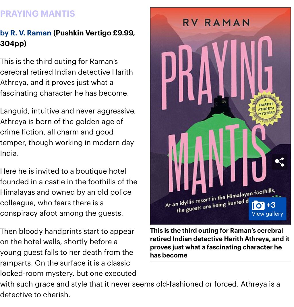 A review of PRAYING MANTIS in the Daily Mail (UK) yesterday! Check out the last couple of sentences! @PushkinPress @PushkinVertigo @PenguinIndia