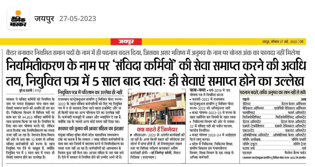 Rajsanvidha's tweet photo. राजस्थान मे संविदाकर्मियों के साथ नियमितिकरण के नाम पर धोखा किया है सरकार ने 
10-15 सालो से कार्यरत संविदाकर्मियो को पुन 5 साल के लिए संविदा पर ही लगाया जारहा है उसके बाद सेवाए समाप्त हो जायेगी 
क्या हुआ @RahulGandhi जी आपने ही कहा था हम झूठे वादे नही करते
 ऐसे रीपीट होगी सरकार ? https://t.co/0IUfvSnquD