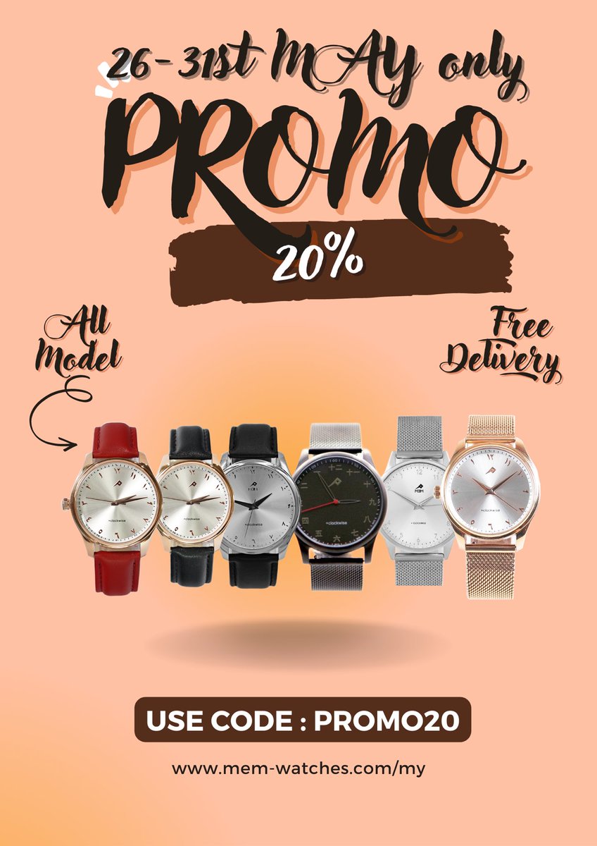 Time is ticking, and so is our offer! ⌚️ Enjoy a stunning 20% off on all watch models and free delivery when you use the 'PROMO20' code at checkout. 
Don't miss out on this stylish opportunity! Visit our website at mem-watches.com/my.
#TimelessDeals #WatchSale #FreeDelivery