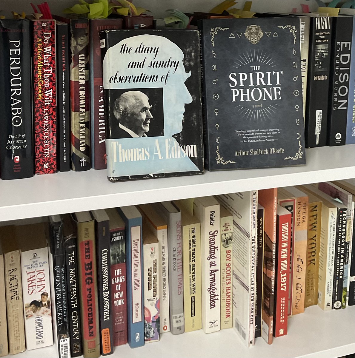 My copy of the 1st edition of #ThomasEdison’s memoirs. It includes a later-redacted chapter on his ideas about technology to contact the dead. Next to it is a copy of my novel #TheSpiritPhone. Based on Edison’s concept,  its main characters are #AleisterCrowley & #NikolaTesla.