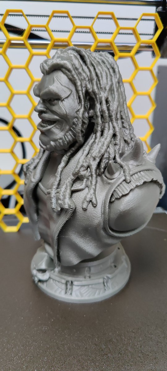 SameOldShane's tweet photo. So I thought I would share a couple of tests I ran with the #Pursa #InputShaper. All done with default settings. For @wekster2507's #lobo model, I reduced the model by 85%. 12 hours for the bust and base done in PLA and RostaP's honeycomb wall mount, PETG at 100%, 3 hours. https://t.co/SyEblF4wze