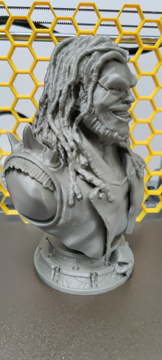 SameOldShane's tweet photo. So I thought I would share a couple of tests I ran with the #Pursa #InputShaper. All done with default settings. For @wekster2507's #lobo model, I reduced the model by 85%. 12 hours for the bust and base done in PLA and RostaP's honeycomb wall mount, PETG at 100%, 3 hours. https://t.co/SyEblF4wze