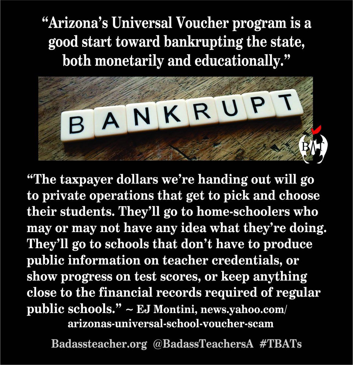 Michigan BATS (@mibats) on Twitter photo Arizona's Voucher Law is a case of take the money & run. Parents can spend their school tax dollars however they want. No record keeping or accountability. Results are bad. #TBATs news.yahoo.com/arizonas-unive… <a href="/MNBATs1/">MN Badass Teachers</a> <a href="/Wisconsin_BATs/">Wisconsin BATs</a> <a href="/IllinoisBATs/">IllinoisBATs</a> <a href="/SoDakotaBATs/">SouthDakotaBATs</a> <a href="/WyomingBATs/">WyomingBATs</a> <a href="/iowabats/">Iowa BATs</a> Arizona's Voucher Law is a case of take the money & run. Parents can spend their school tax dollars however they want. No record keeping or accountability. Results are bad. #TBATs news.yahoo.com/arizonas-unive… <a href="/MNBATs1/">MN Badass Teachers</a> <a href="/Wisconsin_BATs/">Wisconsin BATs</a> <a href="/IllinoisBATs/">IllinoisBATs</a> <a href="/SoDakotaBATs/">SouthDakotaBATs</a> <a href="/WyomingBATs/">WyomingBATs</a> <a href="/iowabats/">Iowa BATs</a>