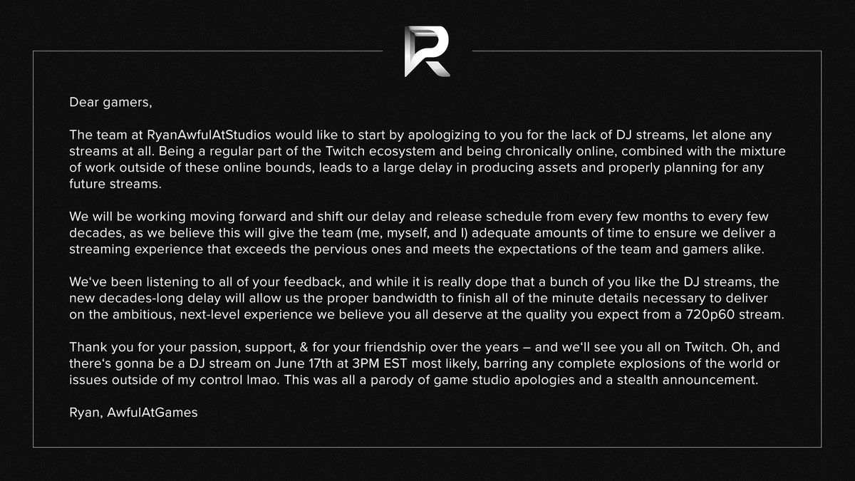 RyanAwfulAtGame's tweet photo. A quick message from the RyanAwfulAtStudios team 👇 https://t.co/SXTiIJi8uz