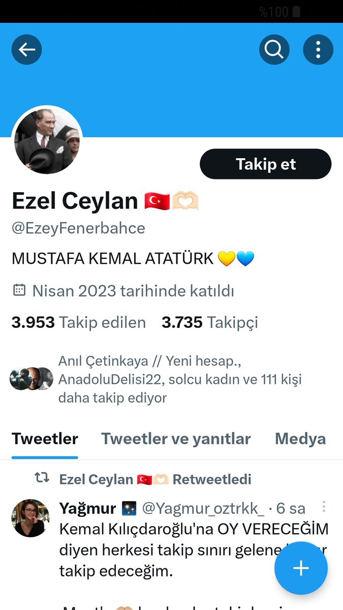 @EzeyFenerbahce Takip-takipçi sayısı arasındaki makasa bakıyorum bu tür mesajlarda artik. O yüzden takip ettim. Umarım yanıltmazsın beni.  Malesef ortalık takipçi kasan edepsizlerle doldu buralar.