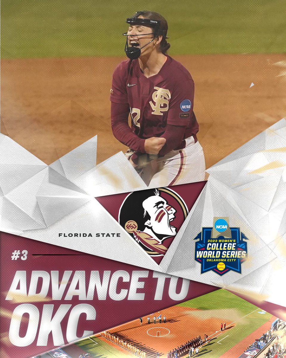 NCAASoftball's tweet photo. The 'Noles are heading to OKC!!! 🍢

(3) @FSU_Softball advances to the #WCWS for the 12th time in program history after defeating (14) Georgia, 4-2, to sweep the Tallahassee Super Regional.

#RoadToWCWS https://t.co/u1JyRDr65C
