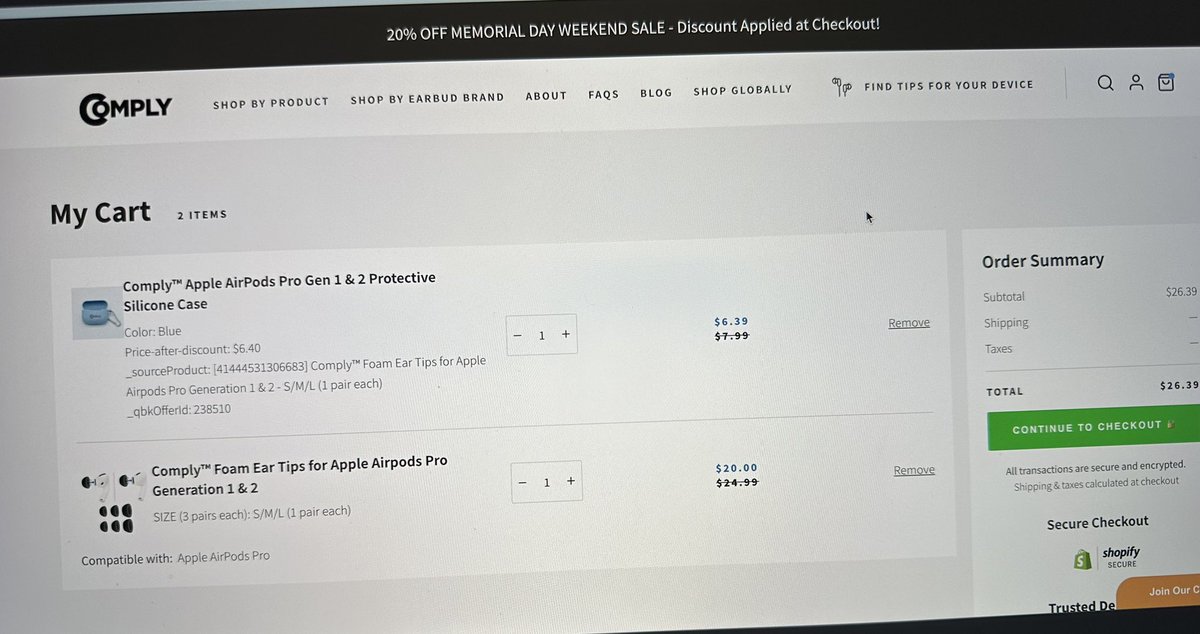 DemetriusMartin's tweet photo. @Complyfoam so your site lied. Offered 20% off for #MemorialDay and donation to #woundedwarriorproject - made it seem to work then when at checkout it upped the price - #baitswitch https://t.co/NpWJKp4lyV