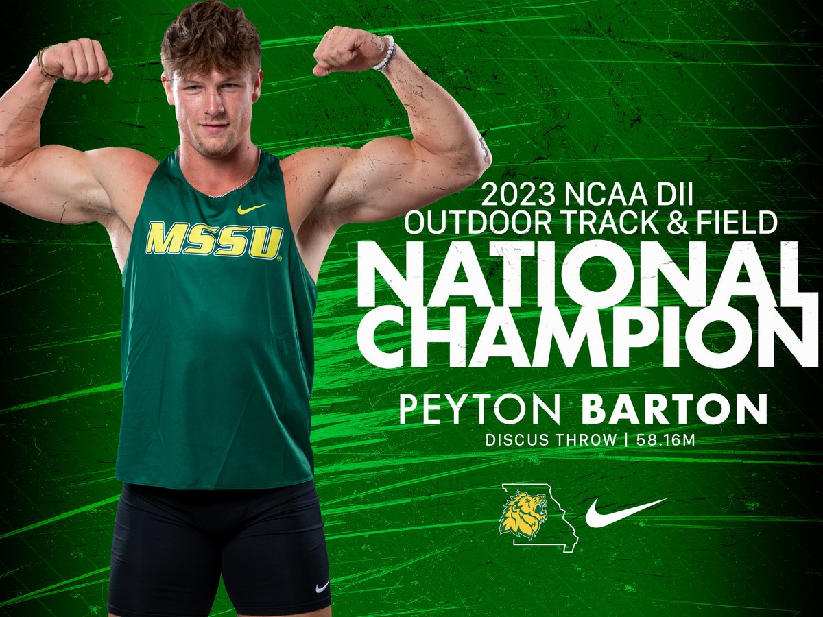 MoSoXCTF's tweet photo. Peyton Barton WINS the men's discus throw with a mark of 58.16m!

Congratulations to our newest MSSU Outdoor Track &amp; Field All-American and National Champion, Peyton Barton! #LetsRoar https://t.co/9jpnh2pQe3