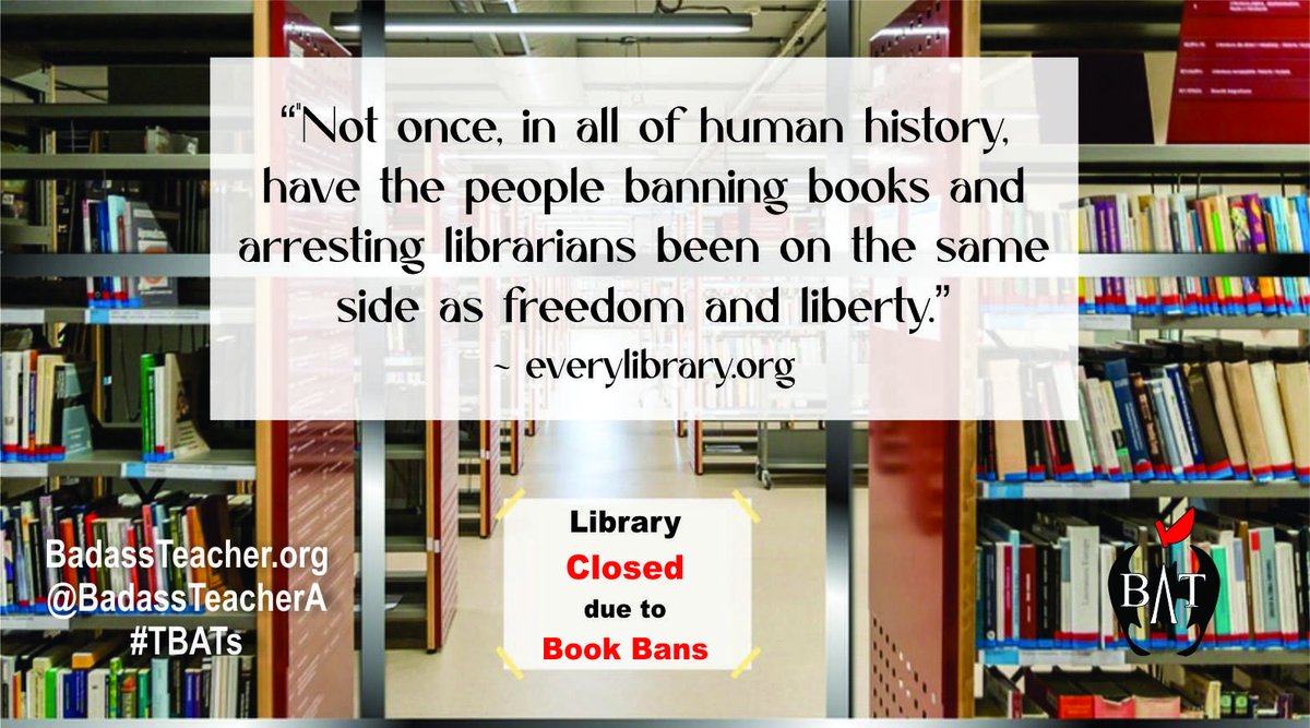 The threat to our democracy is real. Fight for our Freedom to Read! everylibrary.org/its_very_real #StopBanningBooks #TBATs <a href="/ColoradoBATsA/">ColoradoBATsA</a> <a href="/NVBats/">NVBATs</a> <a href="/UtahBATs/">UtahBATs</a> <a href="/NewMexicoBATs/">NewMexicoBATs</a> <a href="/CaliBats/">Cali Bats</a> <a href="/OregonBATs/">OregonBATs</a> <a href="/WaBATs_/">Wa Badass Teachers A</a> <a href="/AlaskaBATs/">AlaskaBATs</a> <a href="/hawaiibats/">@HawaiiBATs</a> 
Free People Read Freely!