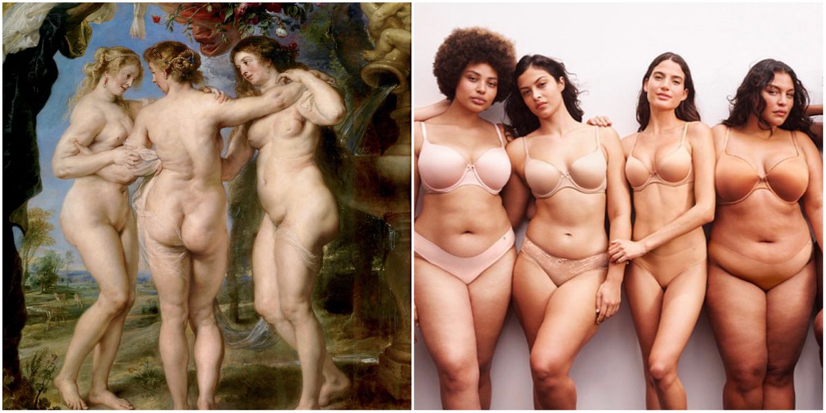 On the left is the ideal of beauty in 1635 (Rubens, The Three Graces). On the right is the ideal of beauty in 2023 (Victoria’s Secret).

Society is in decline.😂