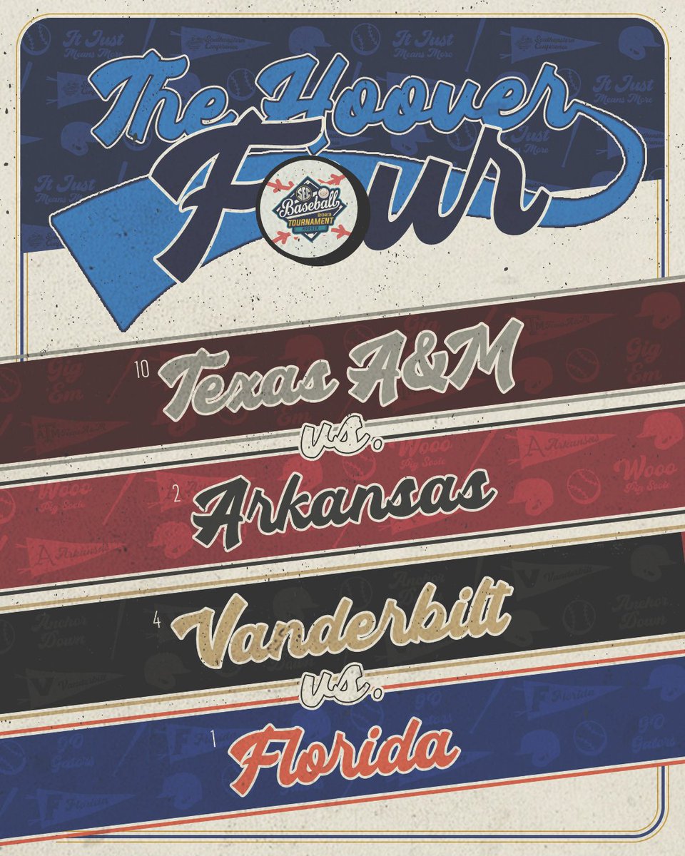 The Hoover Four.

👍 <a href="/AggieBaseball/">Texas A&M Baseball</a> 
🐗 <a href="/RazorbackBSB/">Arkansas Baseball</a> 
⚓️ <a href="/VandyBoys/">Vanderbilt Baseball</a> 
🐊 <a href="/GatorsBB/">Florida Gators Baseball</a> 

#SECBSB x #SECTourney
