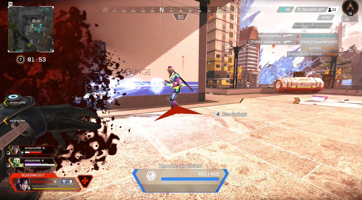 ProjecNapalm's tweet photo. Can someone at @playapex explain how this seer hit me for 99 damage with the shot in picture? Not even aiming at me lol https://t.co/KXAfN6th60