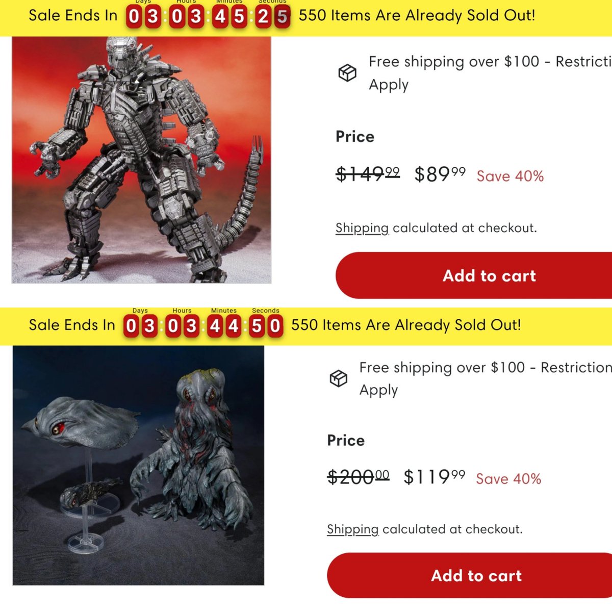 IGN Store is having a clearance sale, 40% off on S.H.MonsterArts Hedorah 50th Anniversary Special Set & Mechagodzilla (2021). tinyurl.com/y99jjcjb