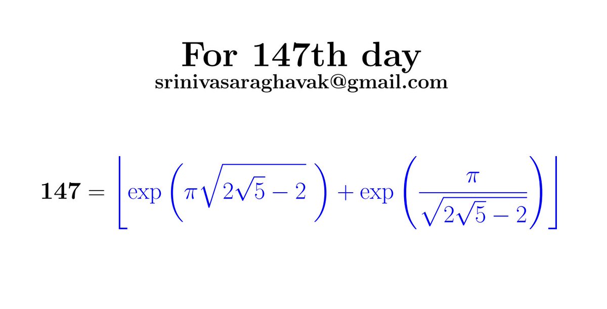 SrinivasR1729's tweet image. On this 147th day of the year, we're showcasing this exquisite depiction of the number 147.
#mathematics #today #Mathtwitter