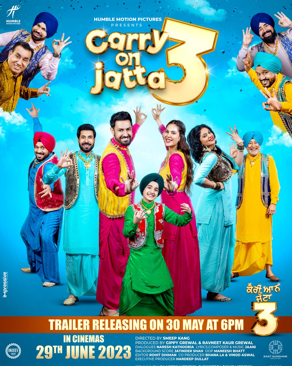 Get ready to roll with laughter! 🎉 The moment we'd  been waiting for is almost here. The much-awaited trailer of #CarryOnJatta3 is dropping on May 30! #Carryonjatta3 releasing on June 29. @GippyGrewal @bajwasonam @binnudhillon #JaswinderBhalla #KaramjitAnmol @humblemotionpic