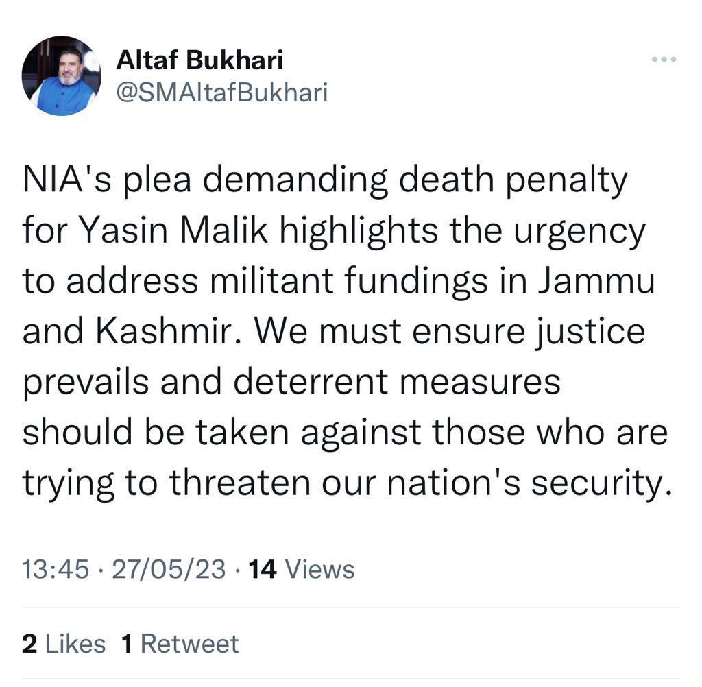 In a democracy like India where even the assassins of a PM were pardoned, the case  of a political prisoner like Yasin Malik must be reviewed & reconsidered. The new political ikhwan gleefully supporting his hanging are a grave threat to our collective rights.