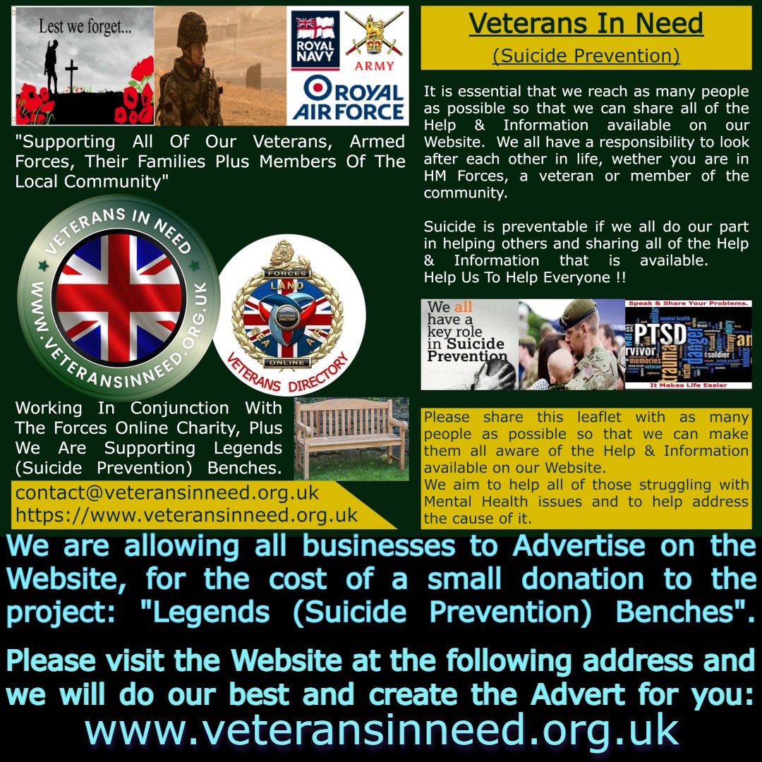 Good morning, I'm trying to raise awareness about 'Suicide Prevention' and I would like your help. Please can you share this Tweet and hopefully we can help someone who may be struggling with a Mental Health issue. At Veterans In Need we help everyone. Thank You... 🙏