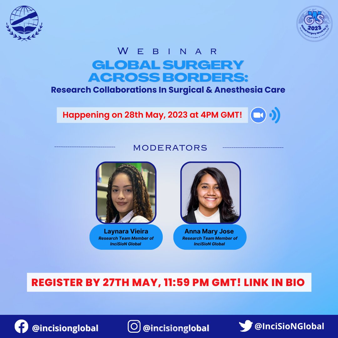 🌟 Check out our speakers for the upcoming webinar! 🌐 🔬🔍 'Global Surgery Across Borders: Research Collaborations in Surgical &amp; Anaesthetic Care' 🌍 

Happening on Save the date: 28th May, 4PM GMT. 

Register now 👉 🔗 at docs.google.com/forms/d/e/1FAI… 

Deadline: 27/5 at 11:59PM GMT.