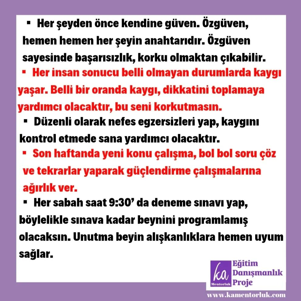 kamentorluk's tweet photo. 2023 LGS'ye son 1 hafta kala öğrencilerimizin yapmaları gerekenleri sizler için Psikolojik Danışmanımız Kadriye GİRGEÇ paylaşıyor

#lgs #sınav #pdr #eğitimdanismanligi #öğrencikoçluğu #kamentorluk #characterix #eğitim #meslekenvanteri https://t.co/WhA9Qeyziq