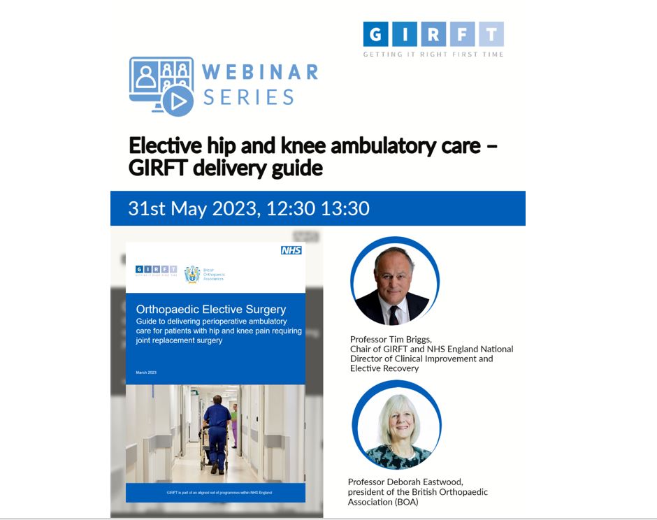 Join us on 31st May for a GIRFT and BOA webinar to learn about the new GIRFT delivery guide for elective hip and knee ambulatory care! Find out how the guide can be used to support trusts and systems to adopt a safe and effective ambulatory pathway. events.england.nhs.uk/events/electiv…