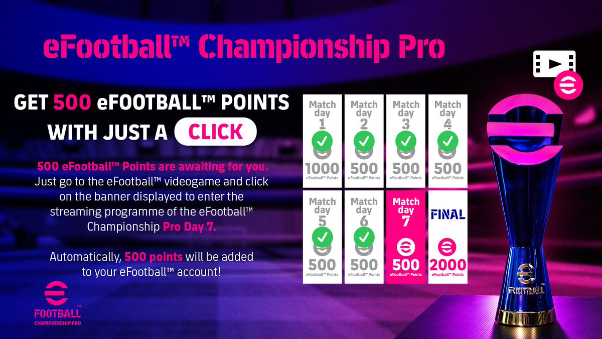 Last chance to get 500 #eFootball points in the Regular League!

Alongside our thrilling last round before the KO Stage, we bring you an equally thrilling reward 🎁 

To qualify for this exclusive prize, just join the in-game stream during today's #eFootballChampionshipPro event.