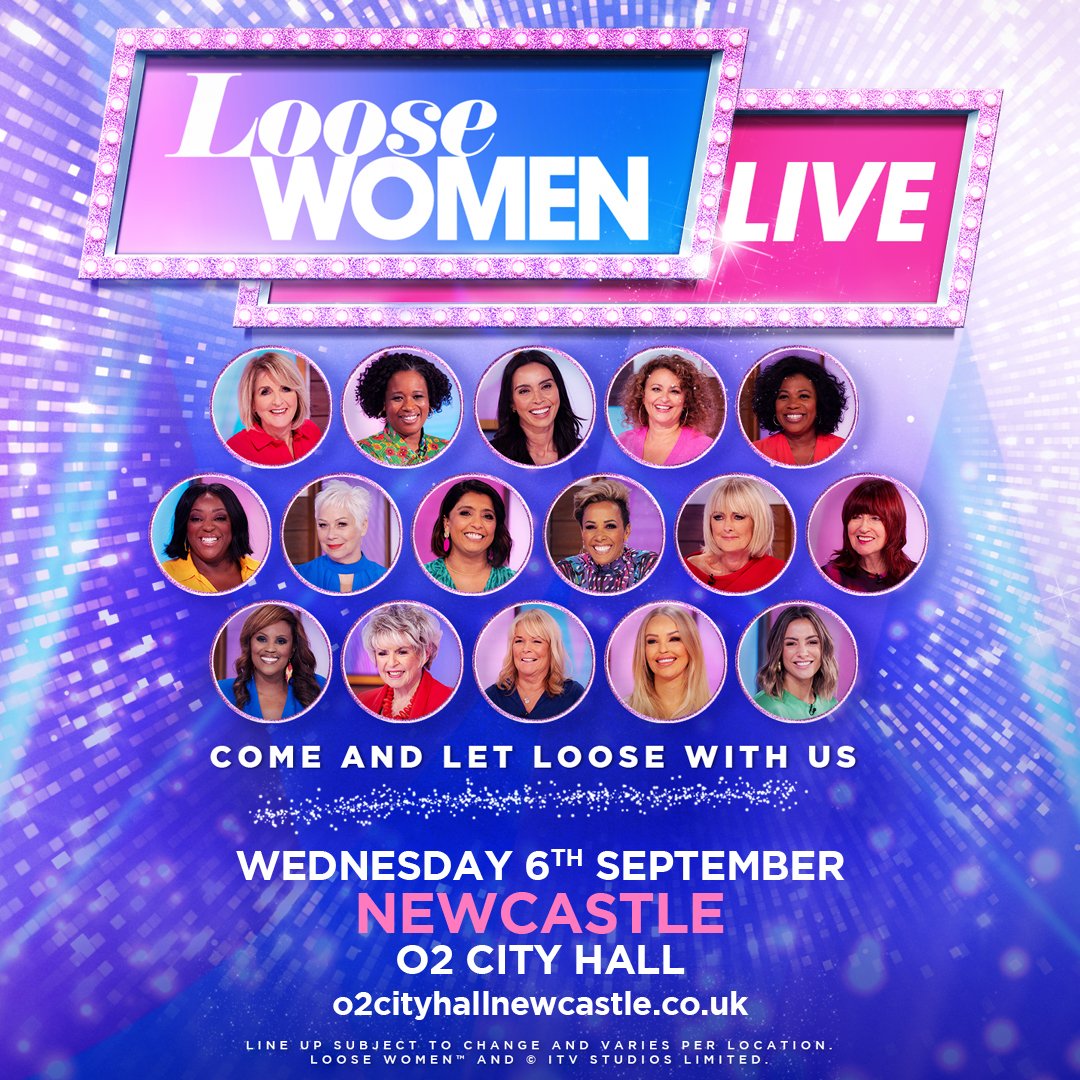 . @loosewomen Live hits the road, coming here Wed 6 Sep. Featuring @RealDeniseWelch, @CharleneWhite, Linda Robson, Jane Moore, expect an evening filled with laughter, hot topics and more!

🎟️ amg-venues.com/5Gy150Ot9Ql 

#O2CityHallNewcastle