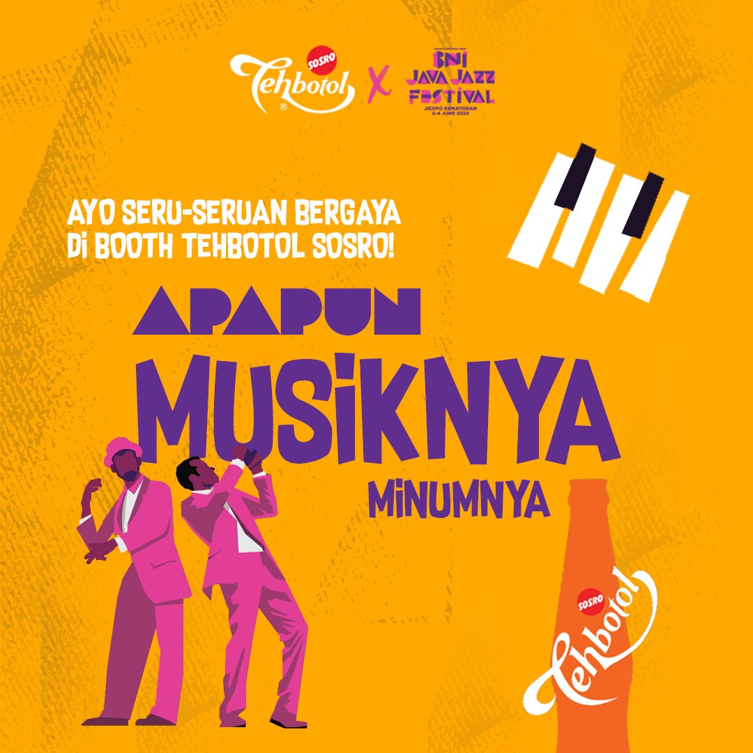 tehbotolsosroID's tweet image. Udah kebayang belum nanti mau pake outfit tema apa? Yuk komen di kolom komentar.

Apapun gayamu, minumnya Tehbotol Sosro.

#BNIJJF2023 #Javajazzfest
#ExpressYourJazzWithTBS #ApapunMusiknya #TehbotolSosro