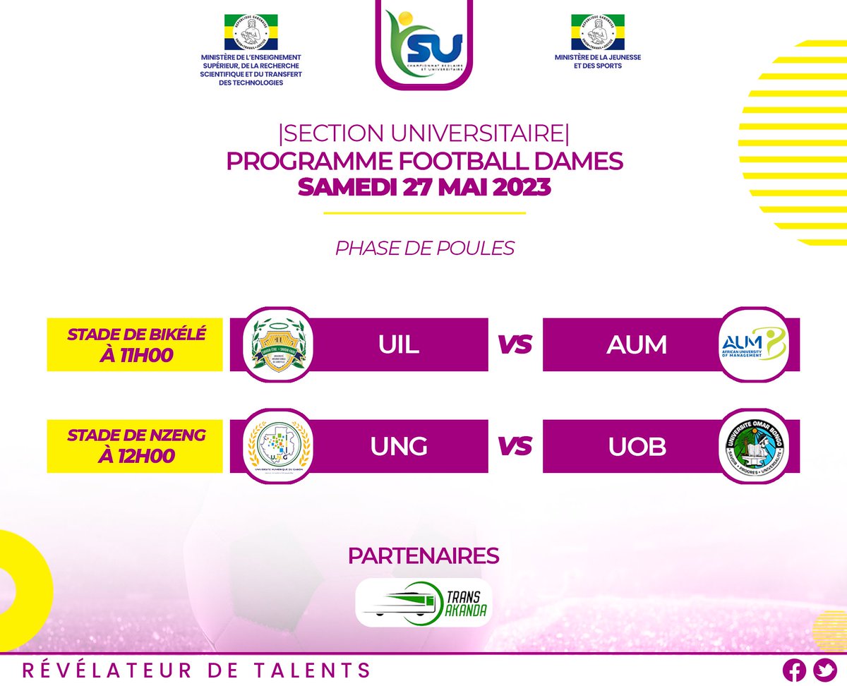 csu_gabon's tweet photo. Voici notre programme du jour en #football dames et football masculin.

La phase de poule tire bientôt à sa fin, nous connaîtrons les premiers #qualifiés pour les 1/4 de #finale.

@SportGOUVGA 
@gegepog 

#Gabon #Detection #Sport https://t.co/ZPCGhTHGCx