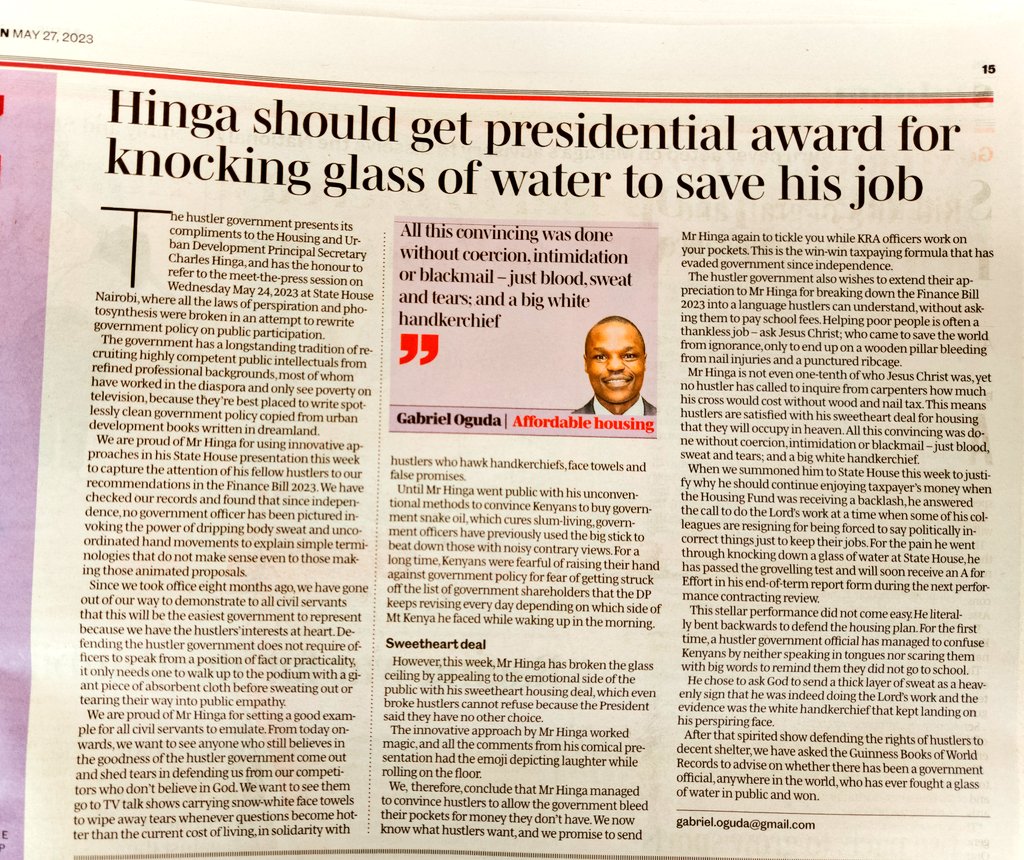 gabrieloguda's tweet photo. THIS WEEK: Hustlers have petitioned the President to give PS Charles Hinga an EGH Award for knocking down a glass of water to save his job. | https://t.co/fznF7nV2xr https://t.co/pZrBoElCxt
