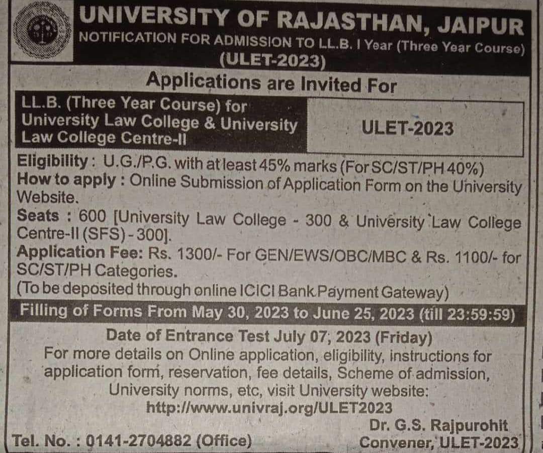 HushyarMeenaIN's tweet photo. #ULET - 2023
L.L.B (Three year's Law collage)

इच्छुक छात्र 30 मई से 25 जून तक राजस्थान विश्वविद्यालय की वेबसाइट https://t.co/LaCaYMPCc9 से आवेदन कर सकते है। एंट्रेंस एग्जाम 7 जुलाई 2023 को होगा।
#ulet#abvpru https://t.co/jqW6XMW2pG