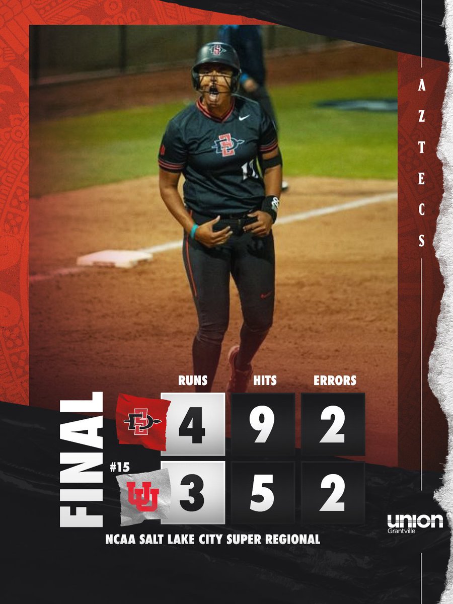 Took down the No. 15 overall seed Utah in the opener of the NCAA Salt Lake City Regional! 

A win tomorrow will advance SDSU into its first Women's College World Series!

#TheTimeIsNow | #RoadToWCWS