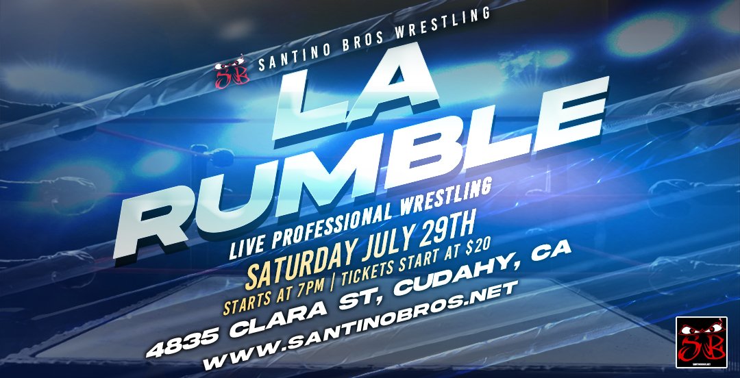 🚨 Don't miss this event! 30 Wrestlers enter the #LARUMBLE, 1 wins it all. 📢 SAVE THE DATE‼️ ⭐ 𝙇.𝘼. 𝙍𝙐𝙈𝘽𝙇𝙀 📅 Saturday July 29th, 2023 📍 4835 Clara St. L.A., CA. 90201 🎟️ $20 Tickets on Sale now 🔗➡️ LARUMBLE23.eventbrite.com #SantinoBros #ProWrestlingLosAngeles