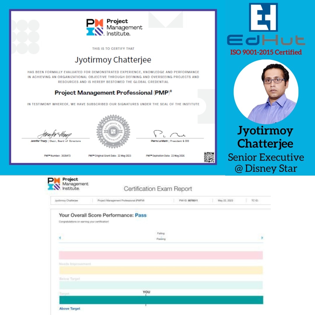 Team Edhut would like to CONGRATULATE Jyotirmoy Chatterjee on his well-deserved success as PMP certified professional as per New Exam Pattern by PMI with the above target result.
#pmptraining #pmpcertification #PMP #PMI #pmbok #35PDU #globalleaders #projectmanager