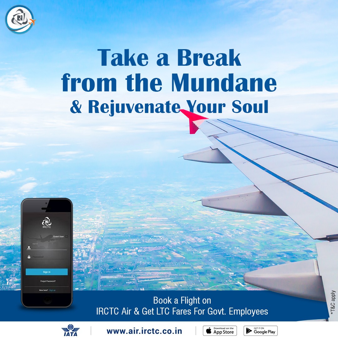 IRCTCofficial's tweet photo. Take a #break from the mundane routine and rejuvenate your mind and soul by #travelling to your fave #vacationspot. Book a #flight on #IRCTCAir and get #LTCFares for govt. employees. https://t.co/wtRfllQ3KQ