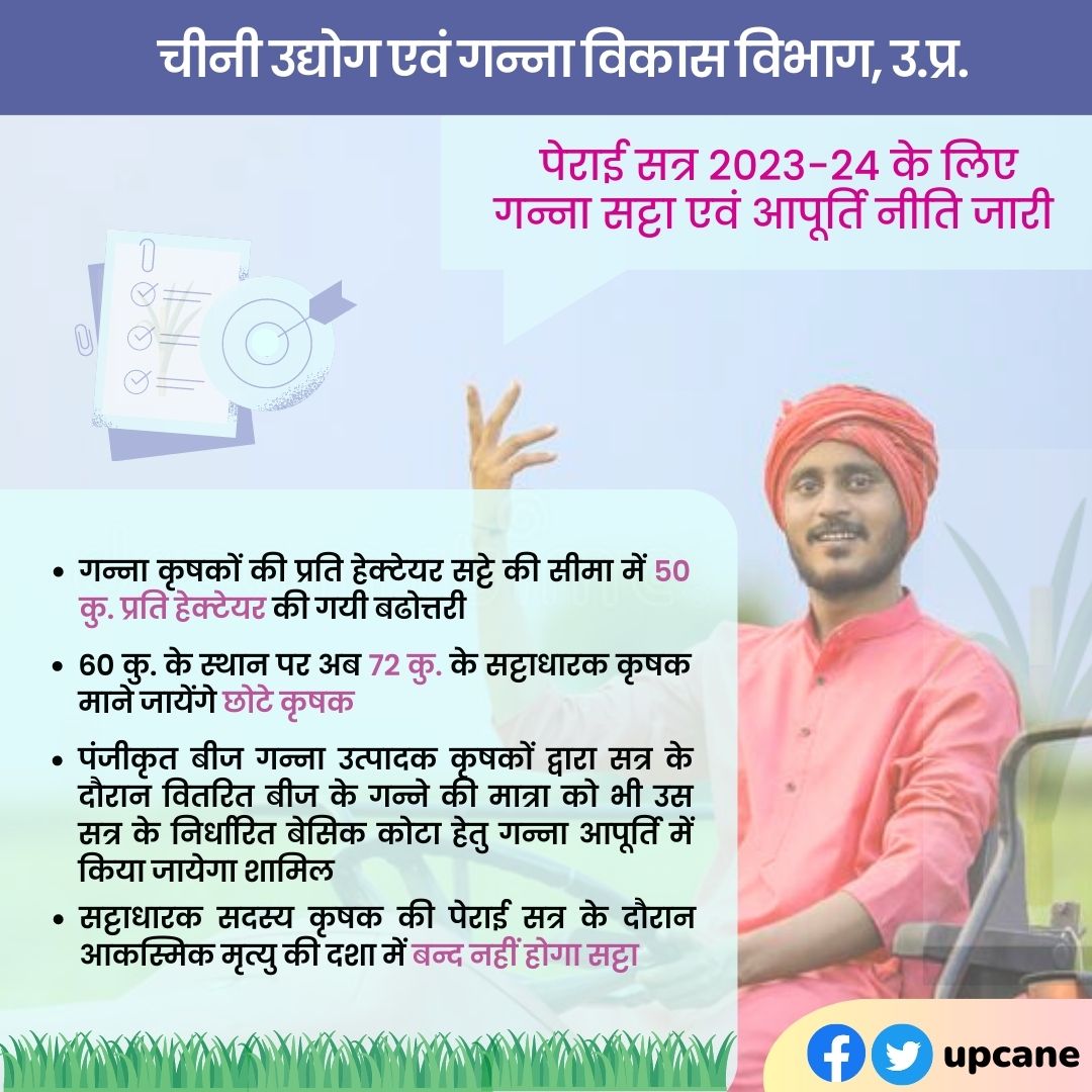 पेराई सत्र 2023 -24 के लिए गन्ना सट्टा एवं आपूर्ति नीति जारी
#satta #survey #upcane 
<a href="/UPCane/">Cane Development UP</a> <a href="/UPGovt/">Government of UP</a> <a href="/CMOfficeUP/">CM Office, GoUP</a> <a href="/InfoDeptUP/">Information and Public Relations Department, UP</a>