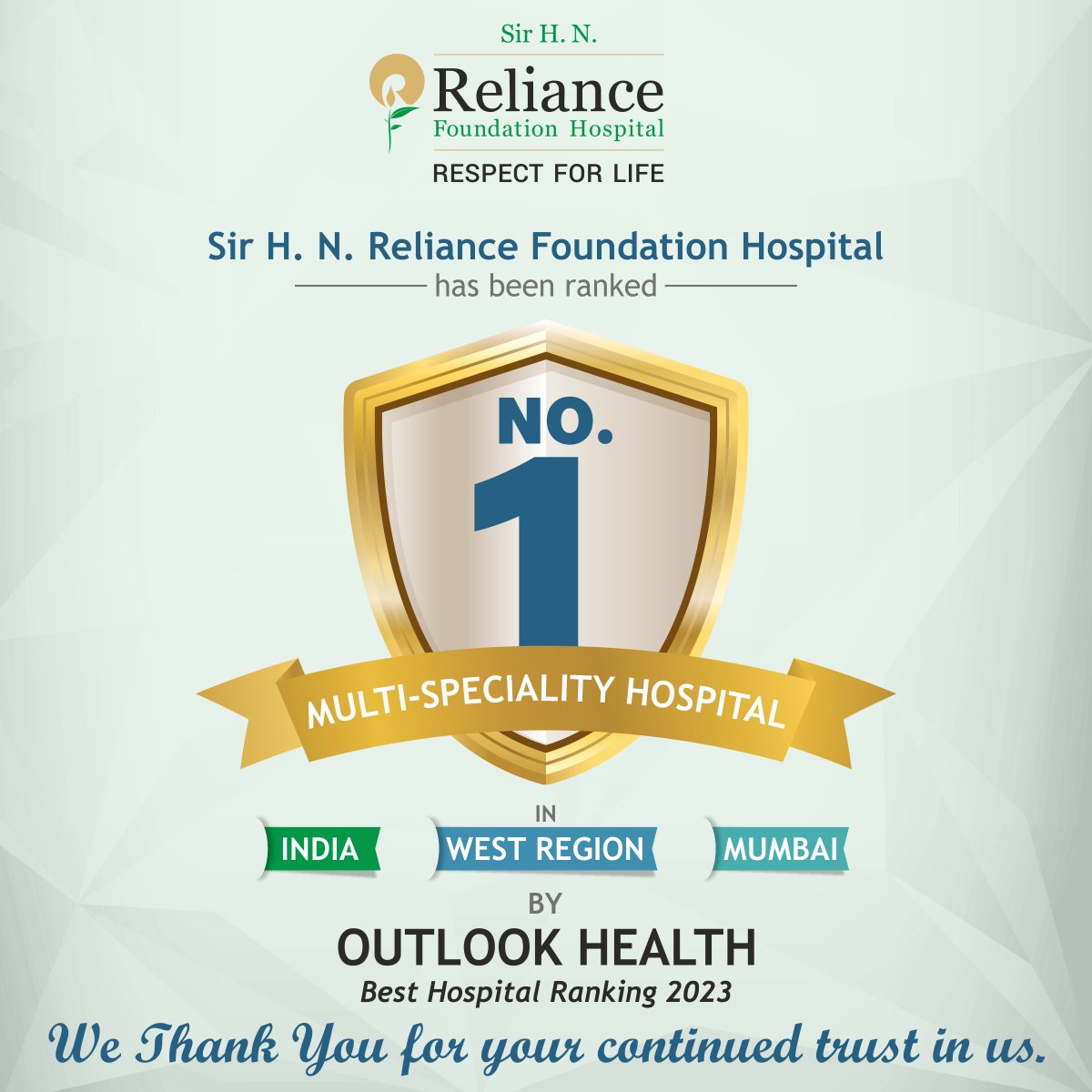 We are thrilled to announce that Sir H. N. Reliance Foundation Hospital has been awarded the prestigious title of the No.1 Multi-Specialty Hospital in India, West Region-Mumbai by Outlook Health! 🏆✨

#RelianceFoundationHospital #RespectForLife #BestMultiSpecialtyHospital