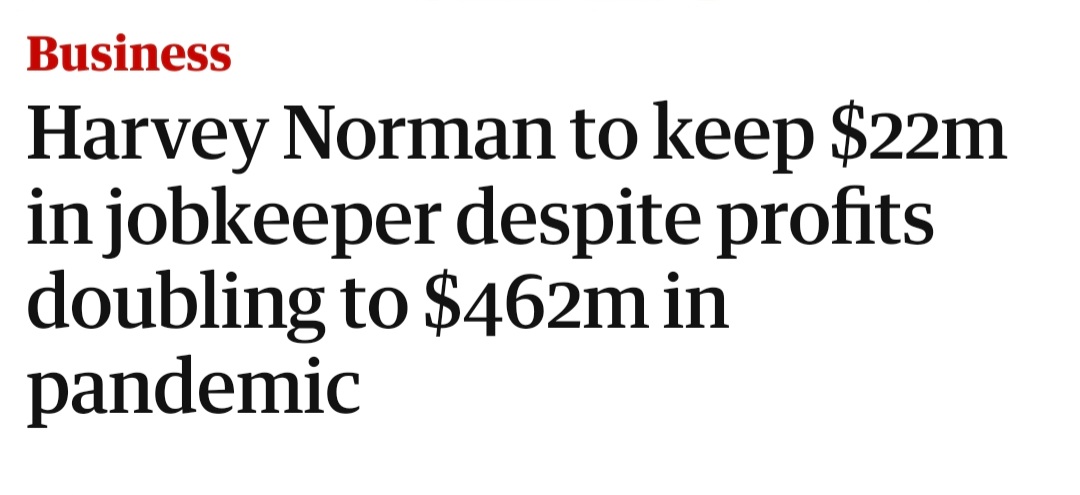 Remember when ...
• Scott Morrison was PM
• Greg Hunt Health Minister
• Stuart Robert Employment Minister
And Harvey Norman was given $22m in JobKeeper despite profits of $462m? Now tell me again the Libs are good economic managers. 😠 #auspol #COVID19au #economy