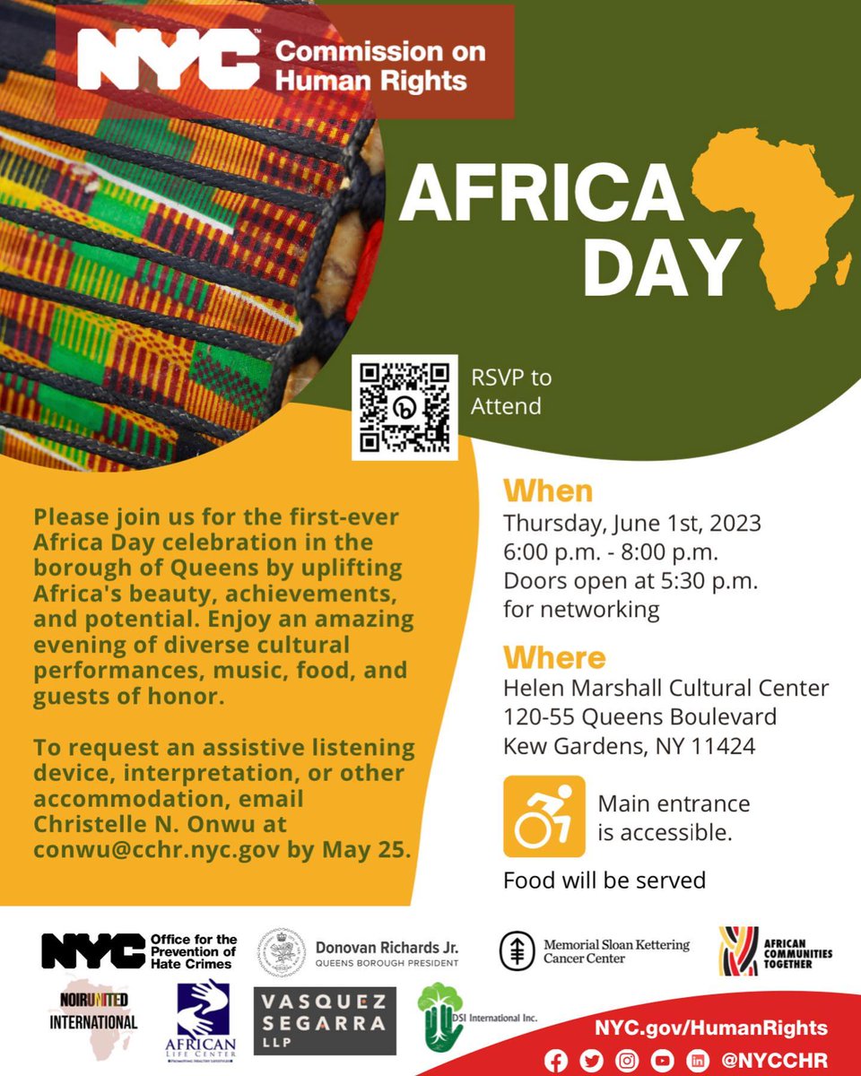 NoirUnited is excited to be partnering with the NYC Commission on Human Rights to host the first Africa Day celebration at Queens Borough Hall on June 1st, 2023, from 6:00 p.m. to 8:00 p.m. with doors opening at 5:30 p.m. We will honor, celebrate, and uplift Africa’ beauty, achie