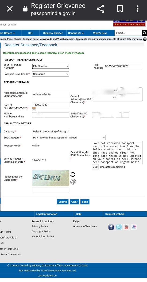 abhinav1402's tweet photo. @passportsevamea @IndianDiplomacy @DrSJaishankar Still no response after 2 tweets in 1 week. Passport seva portal still has incorrect update &amp; not taking grievance. Passport still not received after 2 plus months of appointment #passport #jaishankar @TOIIndiaNews @IndianExpress https://t.co/UMfEy2tAIN