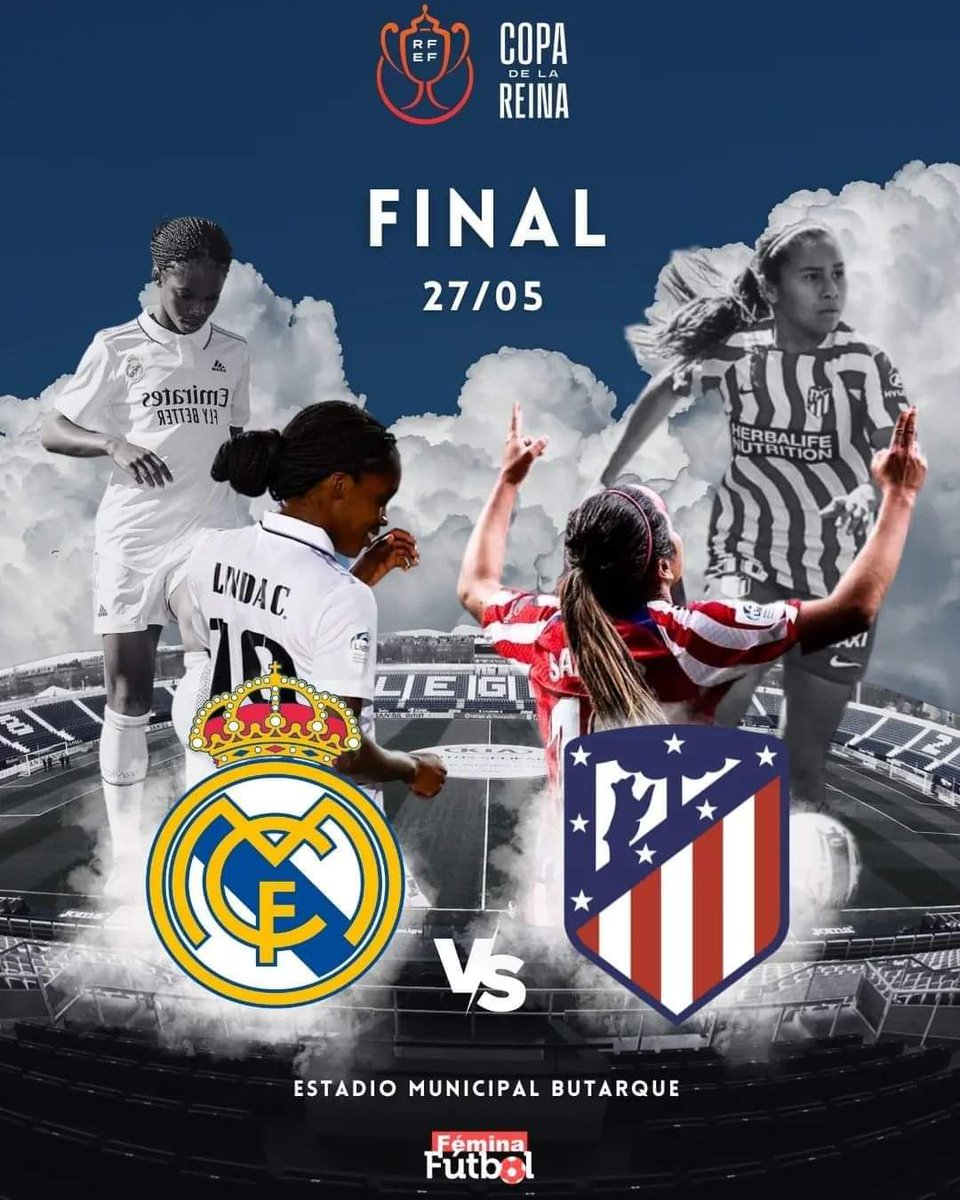 Final de la #CopaReina 
Atlético de Madrid Femenino vs Real Madrid C.F. 
¡VAMOS, ATLETI!

#DerbyMadrileño #CopaDeLaReina  #futbolfemenino #futbolentacones 
❤🤍♀️⚽️💪🏧🔱