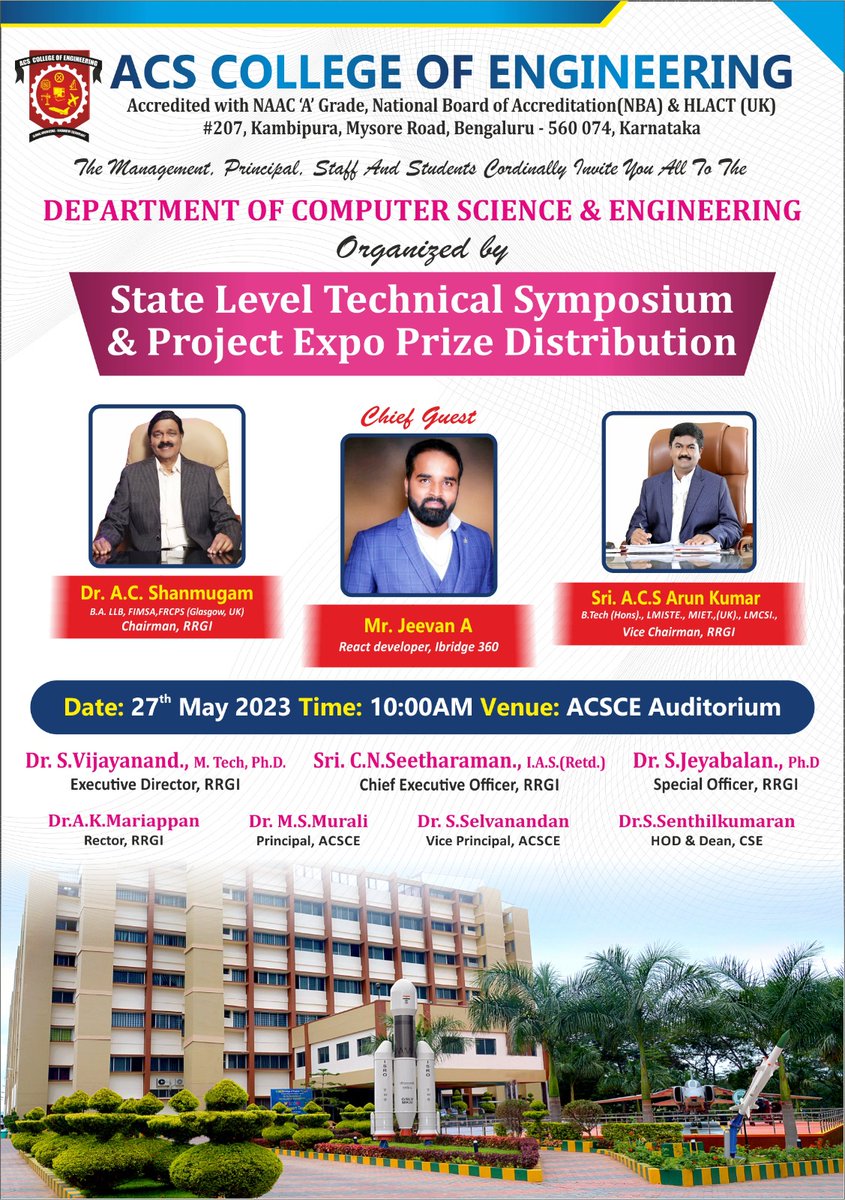 acscebangalore's tweet image. The highlight of this program is Mr. Jeevan is our ACS College of Engineering alumni.  He is the chief guest
#Admissions_open2023_24
B.E and M.Tech Admissions 2023 ACS College of Engineering #ACSCE,
Register now: acsce.edu.in/engineering-co…