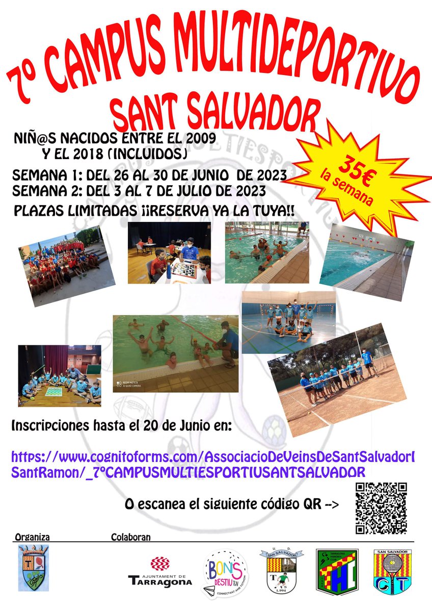 #SANSANOTICIES
Recordeu q teniu temps fins el 20 d juny x fer la inscripció al Campus Multiesport q organitza la AV junt amb les entitats esportives del barri:
🤾‍♀️Tarragona Handbol Club <a href="/thandbolc/">Tarragona Handbol</a>, 
⚽U.D. Sant Salvador i 
🎾Sant Salvador CT.
#Sansa
#Tarragona