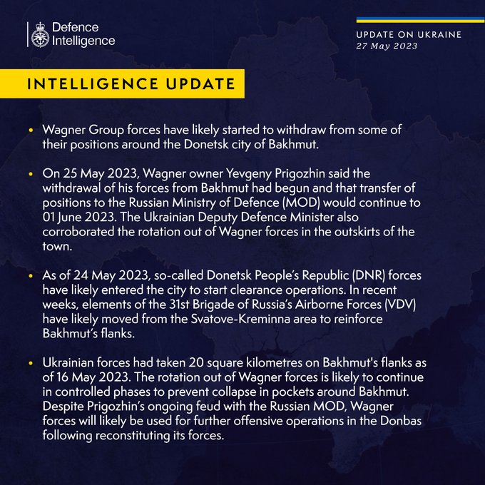 Latest Defence Intelligence update on the situation in Ukraine - 27 May 2023.